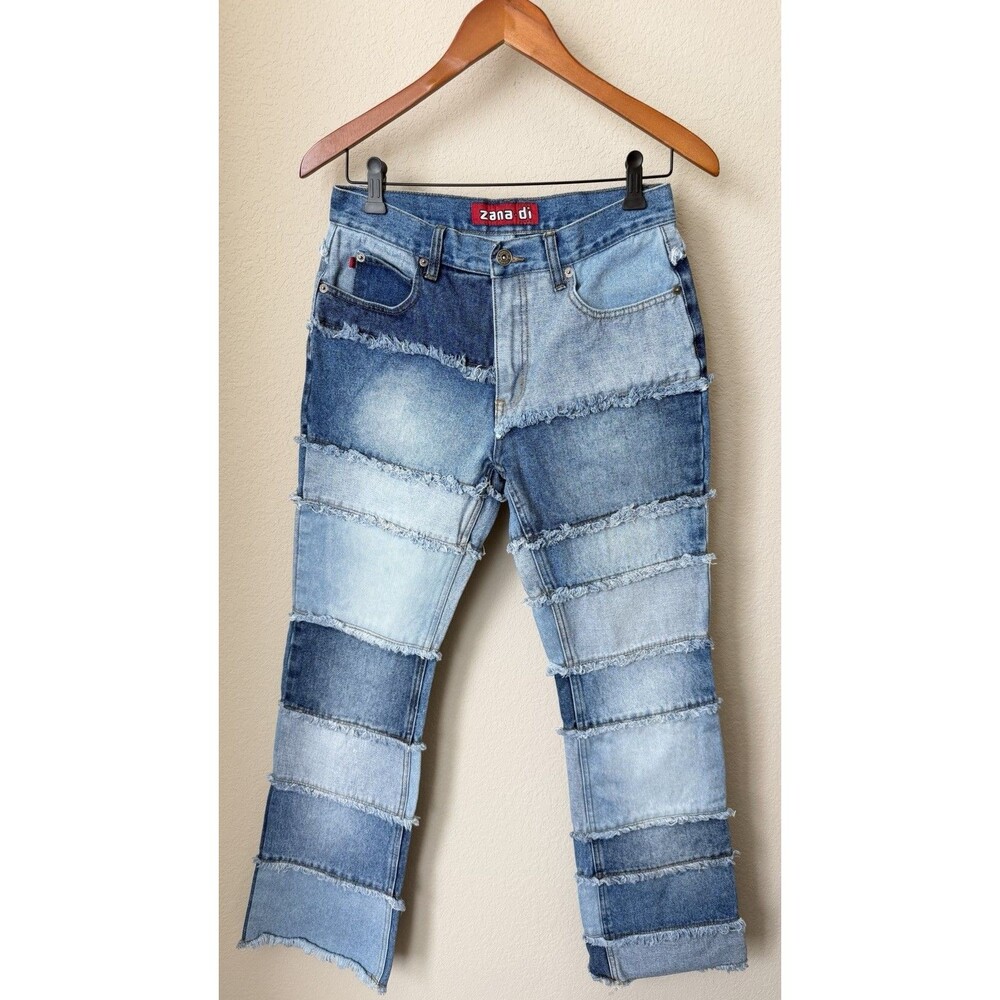 Vintage Y2K Zana-Di Patchwork Size 7 Mid Rise Frayed Raw Hem Flare Jeans